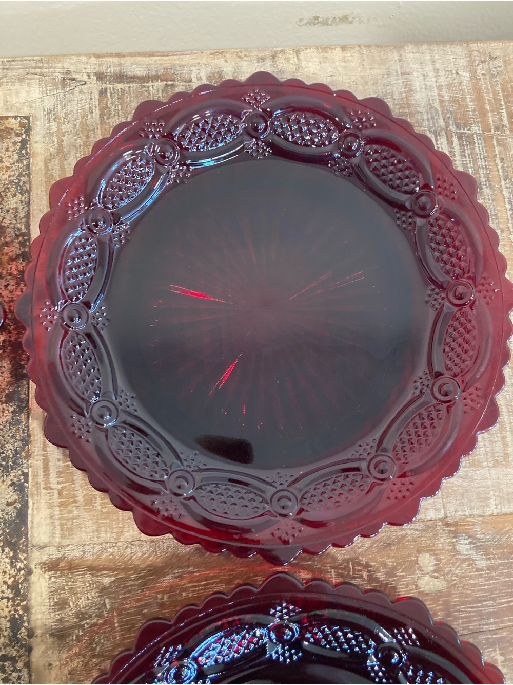 4 Avon Ruby Red Glass Luncheon Salad Dessert Plates 1876 Cape Cod Sunburst Back - Picture 7 of 16